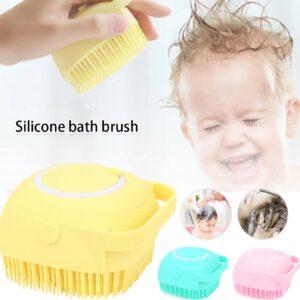 Yellow silicone bath brush with baby with wet hari