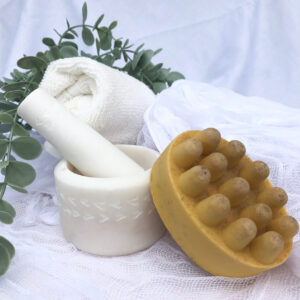 Mustard color Bar of Soap with motar and pestle